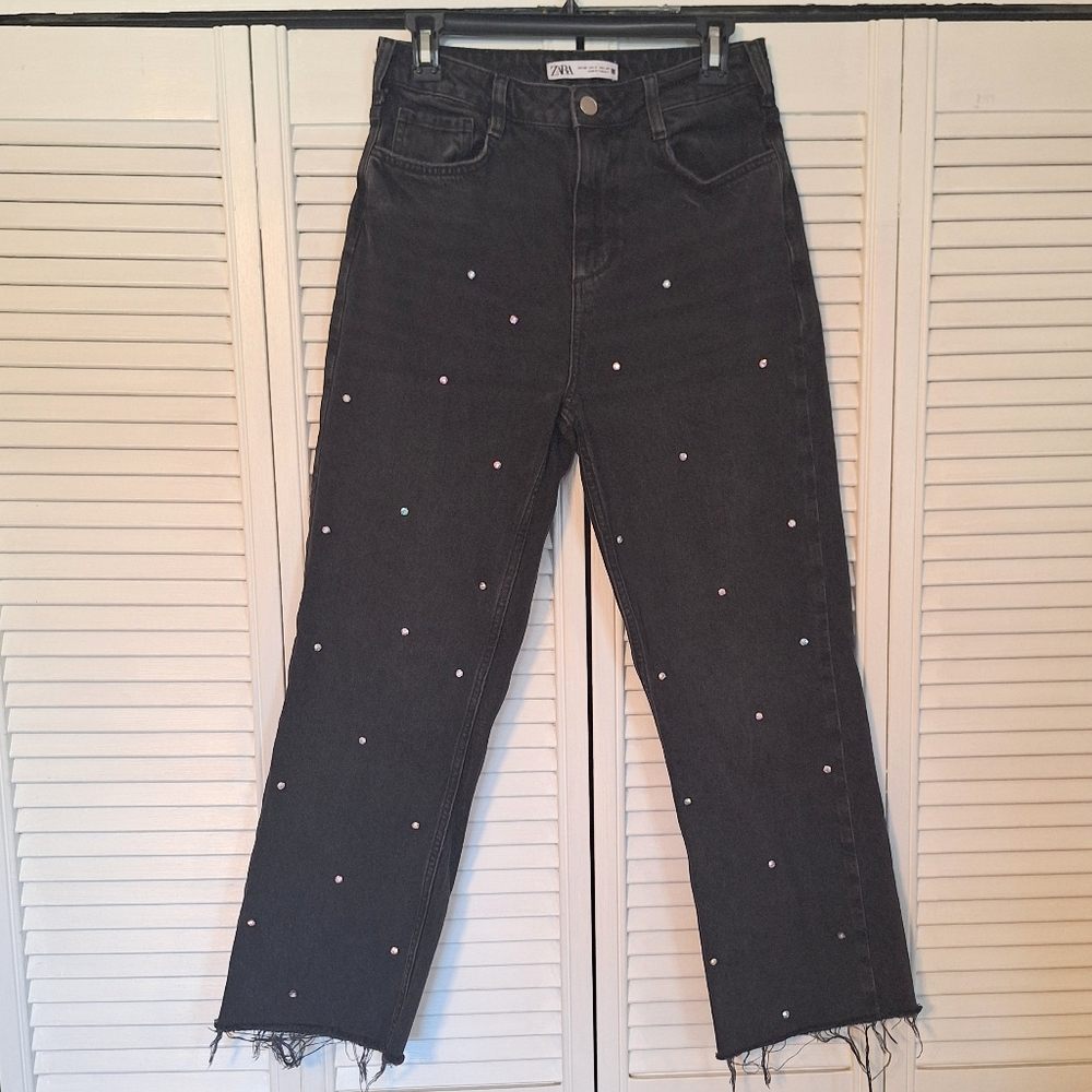 Zara Black Embellished Rhinestone Vintage Style Jeans Sz 6 *U - Picture 6 of 8